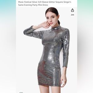 Retro disco sequins silver long sleeve mini dress